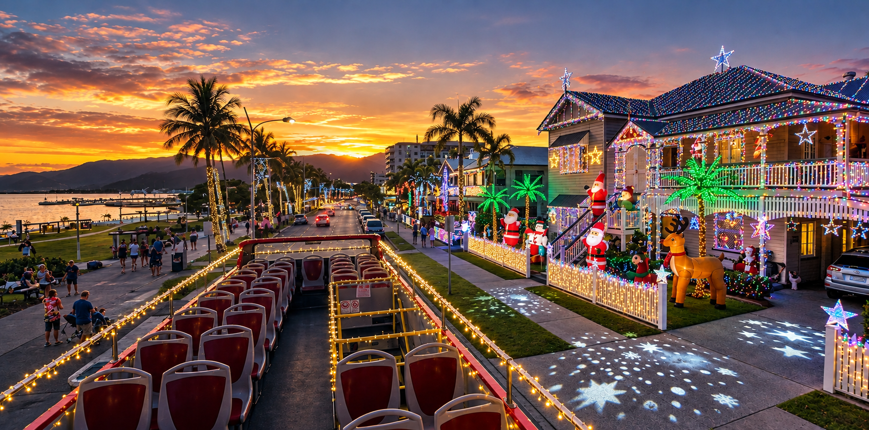 Christmas lights display on a Cairns street at dusk